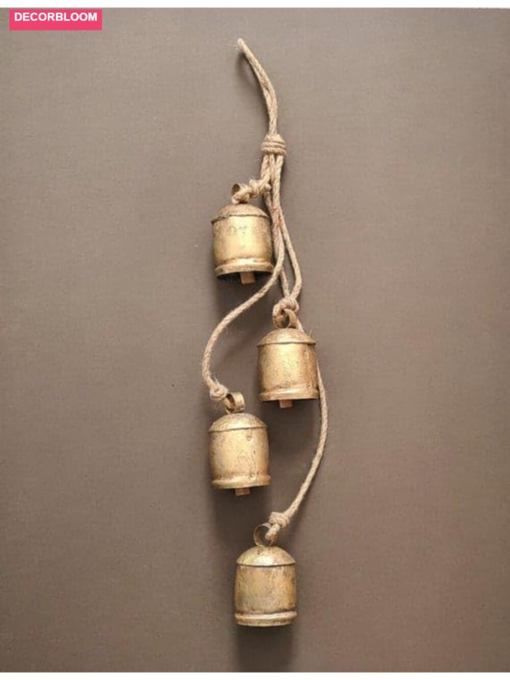 Rustic Cast Iron Hanging Bells Set of 4 Jute Rope Meditation Decor